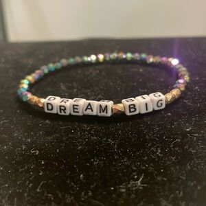 8” Dream Big seed bead stretch bracelet w/38 iridescent beads & Dream Big beads